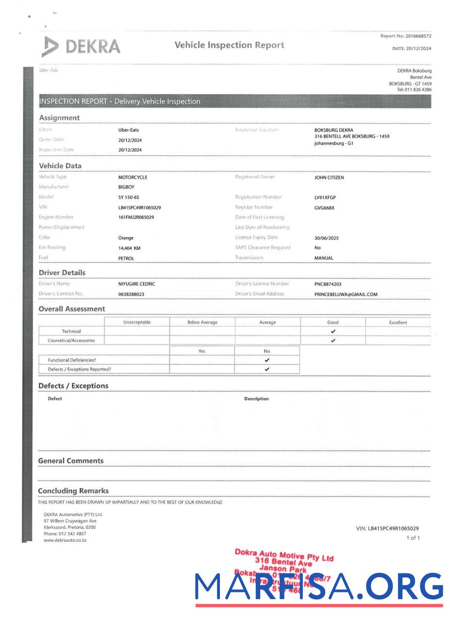 Realistic Vehicle Inspection reporT download for verification